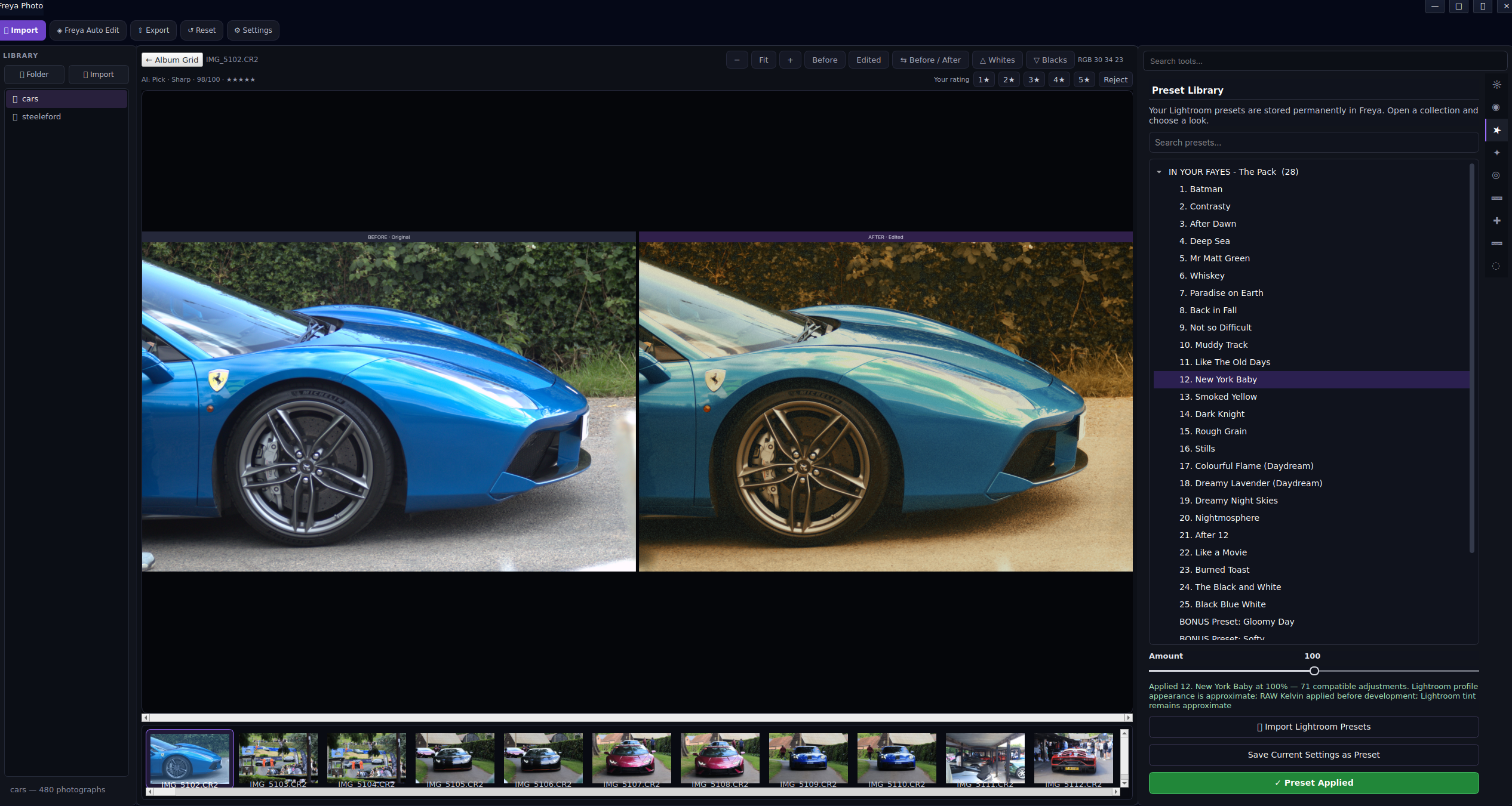 Freya Photo before and after photo editing screen